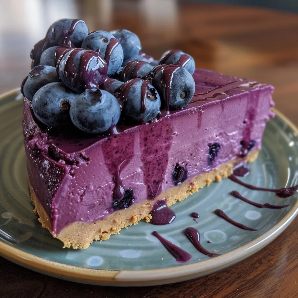 Close-up of a slice of blueberry protein cheesecake topped with fresh blueberries and a layer of yogurt.