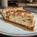 Slices of Easy Protein Cheesecake with a chocolate swirl crust on a white cake stand.