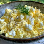 Fluffy scrambled eggs with chives and a side of cottage cheese.