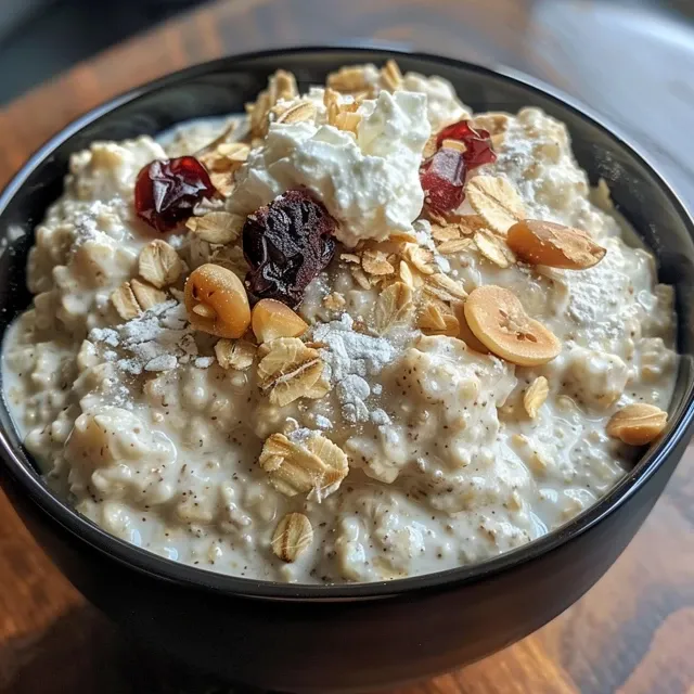 Overnight oats with cottage cheese and chocolate squares in a jar.