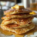 A stack of fluffy cottage cheese pancakes drizzled with syrup and topped with butter.