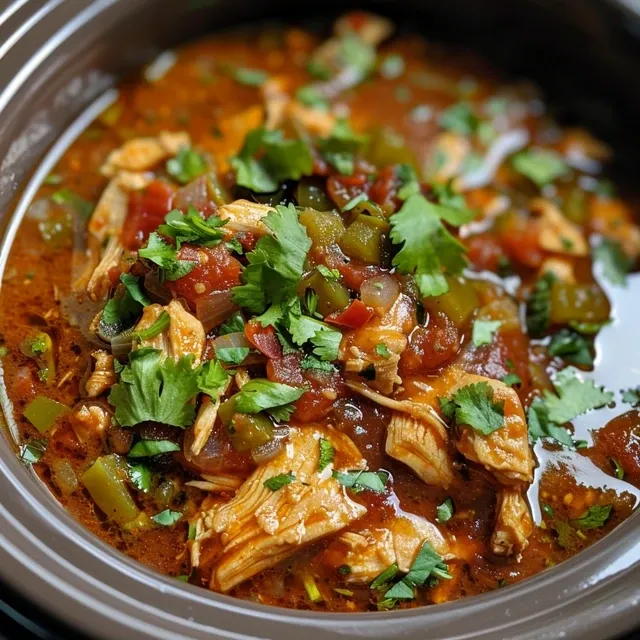 Close-up of slow cooker taco chicken with corn and tomatoes.
