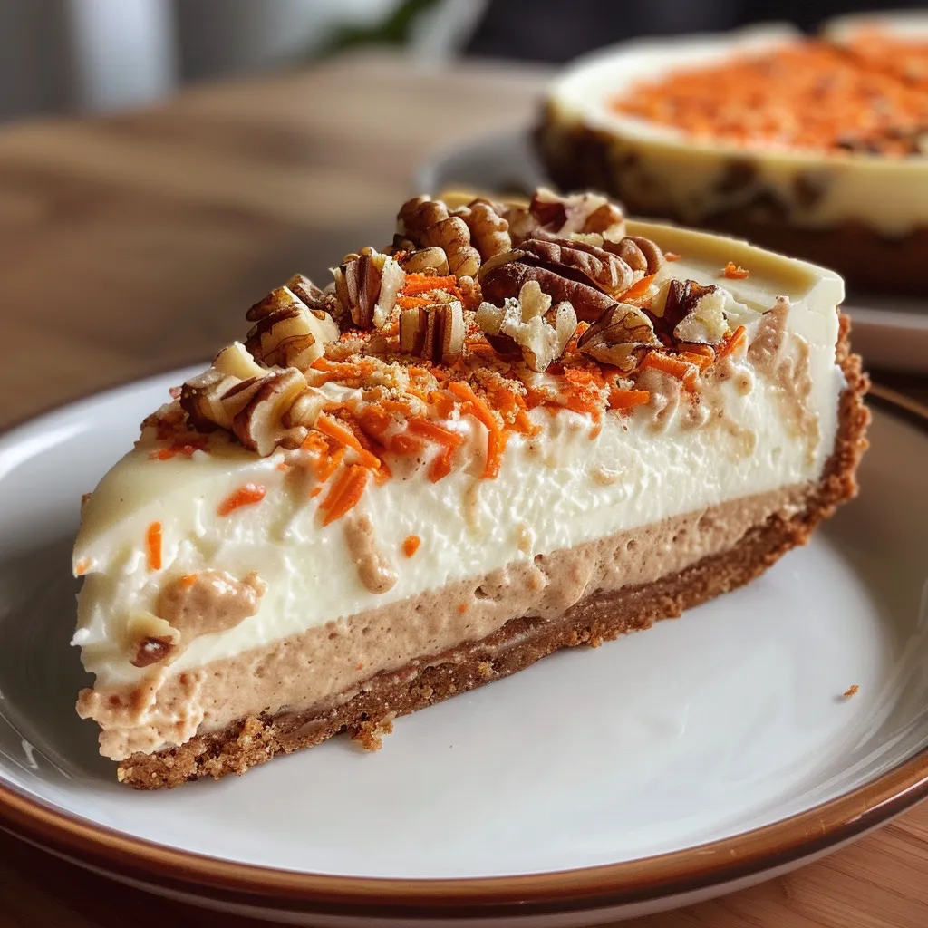 Close-up of a creamy carrot cake protein cheesecake with visible walnuts and carrot pieces.