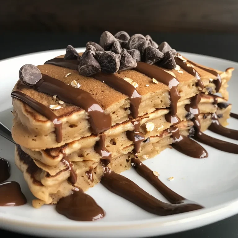 Close-up of fluffy cookie dough protein pancakes drizzled with chocolate sauce.