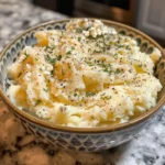Creamy mashed potatoes topped with chives, a pat of butter, and pepper.