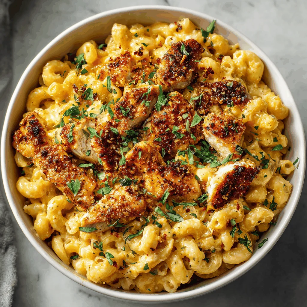 A delicious plate of High Protein Honey Garlic Butter Chicken with Mac & Cheese