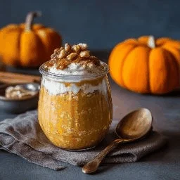 A delicious plate of Pumpkin Pie Overnight Oats with Greek Yogurt and Chia Seeds