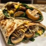 Close-up view of a spinach and mushroom egg white wrap on a plate.