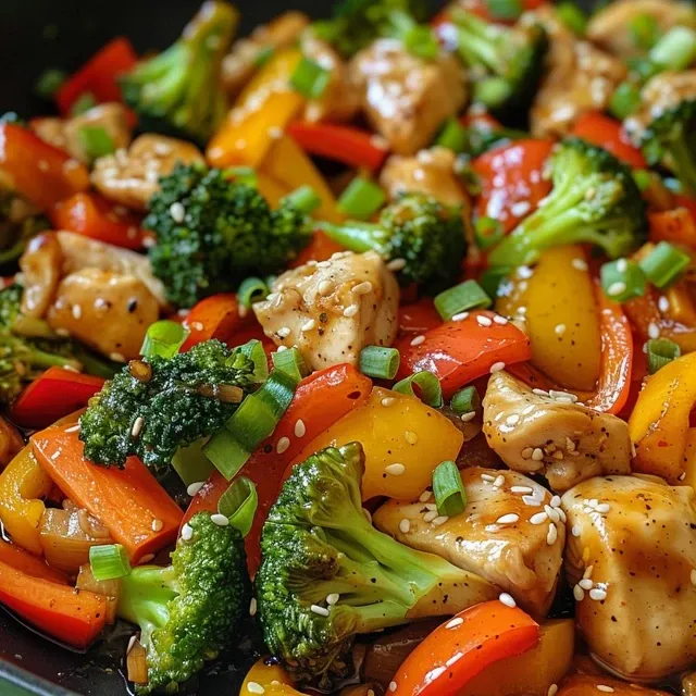 Juicy chicken and colorful vegetables stir-fried in a skillet.