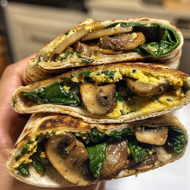 Side angle of a deliciously healthy spinach and mushroom egg white wrap.