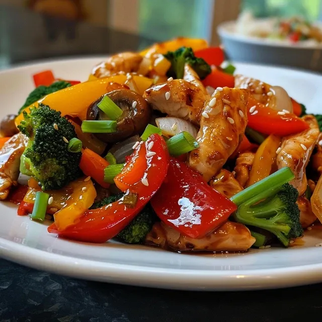 Close-up of a vibrant chicken and veggie stir fry with sesame seeds.