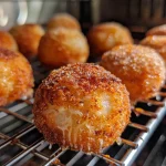Close-up side view of golden-brown Air Fryer Protein Donut Holes.