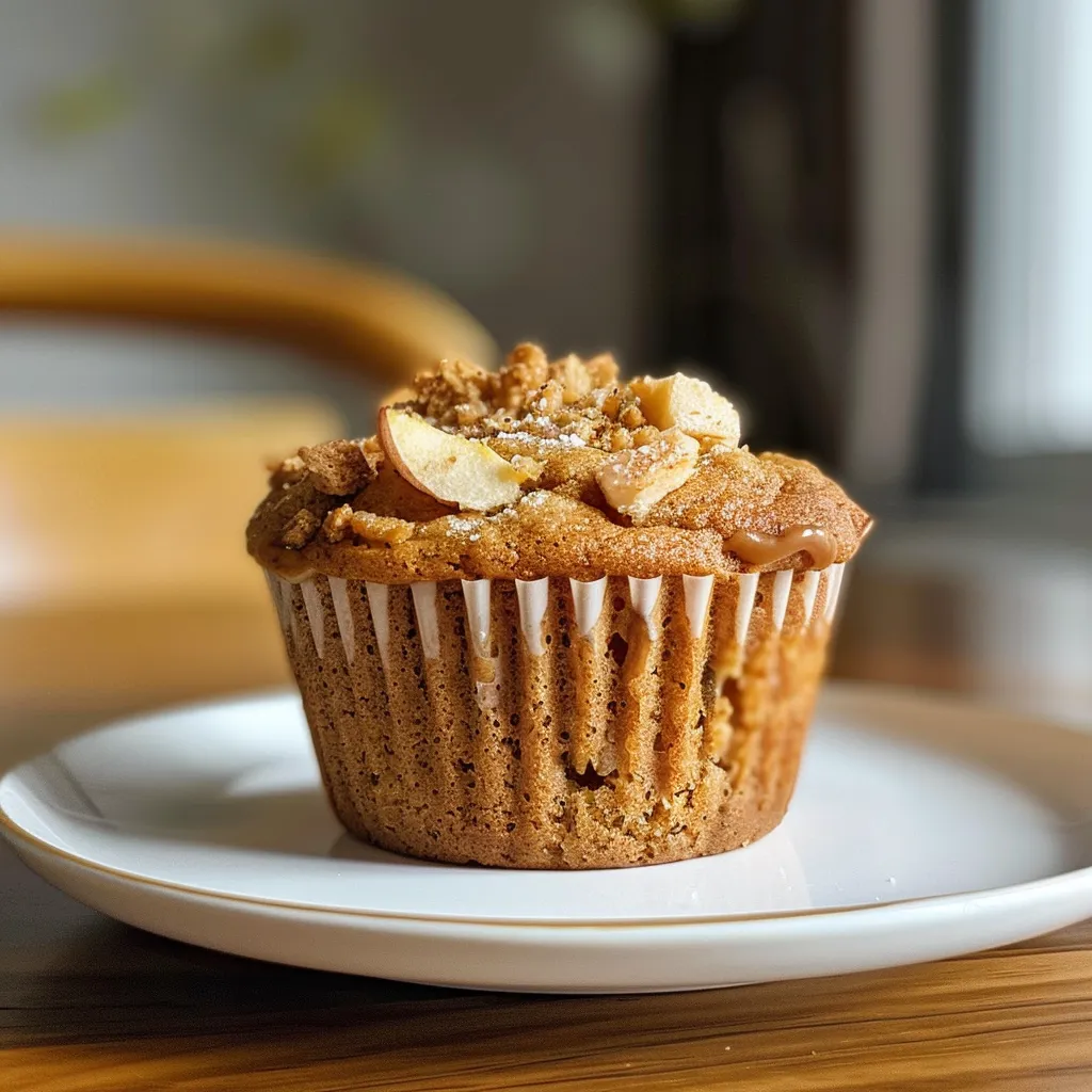 Side view of a moist apple cinnamon muffin sprinkled with oats and cinnamon.