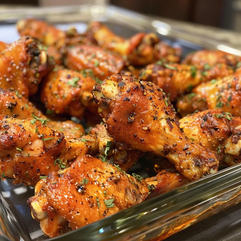 Close-up of juicy baked chicken wings with a crispy exterior.