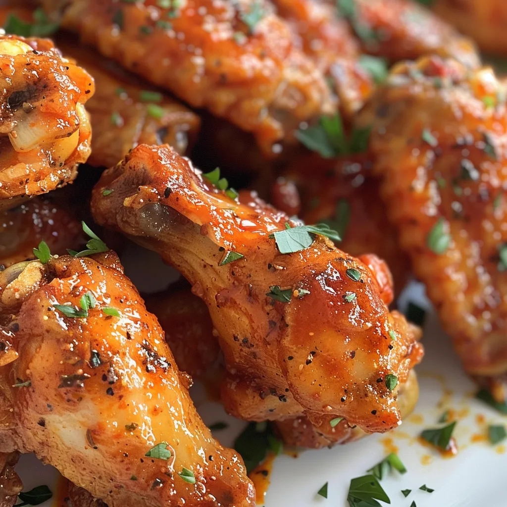 Side view of golden-brown baked chicken wings arranged neatly on a plate.