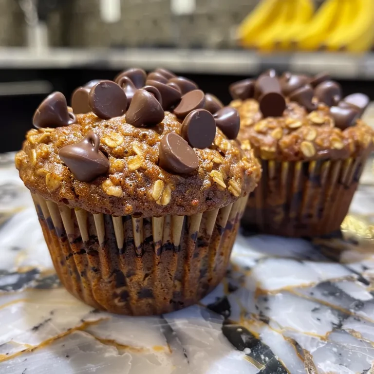 Close-up side view of banana oatmeal chocolate chip muffins with a golden-brown crust.