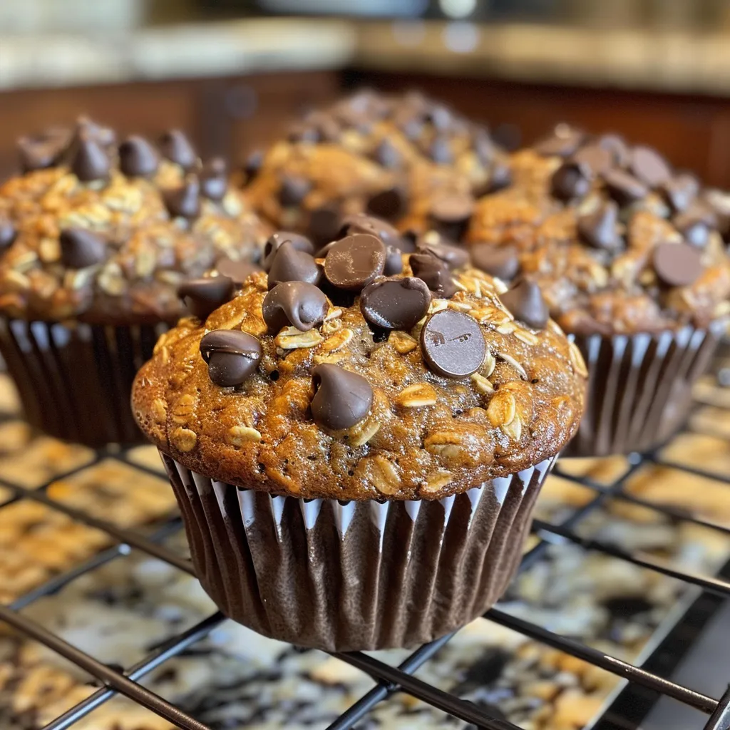 Side view of freshly baked banana oatmeal muffins dotted with chocolate chips.