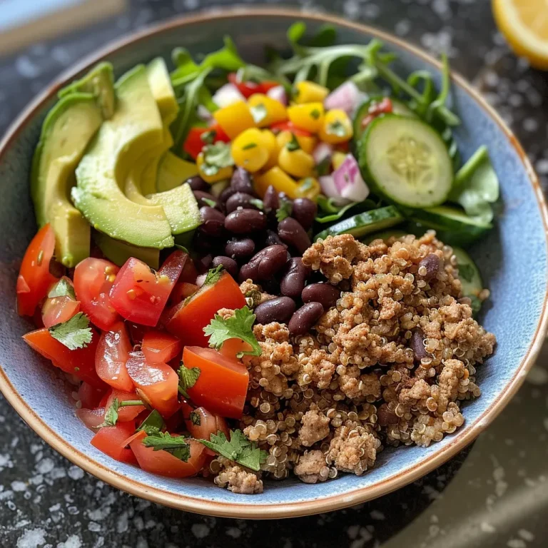 Burrito Bowls That Bring the Fiesta to Your Weeknight Dinners! Close-up view of a colorful Black Bean Quinoa Turkey Burrito Bowl with fresh ingredients.