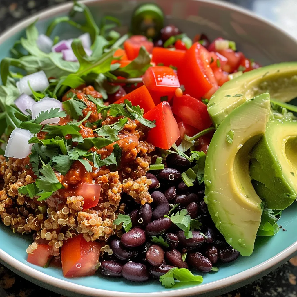 Side perspective of a vibrant burrito bowl featuring ground turkey and vegetables.