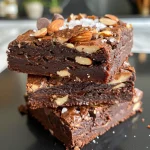 Close-up of a fudgy chocolate almond brownie, showcasing its rich texture and chocolate chips.