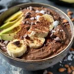 A creamy chocolate avocado dessert in a bowl, with a slice of banana on top.
