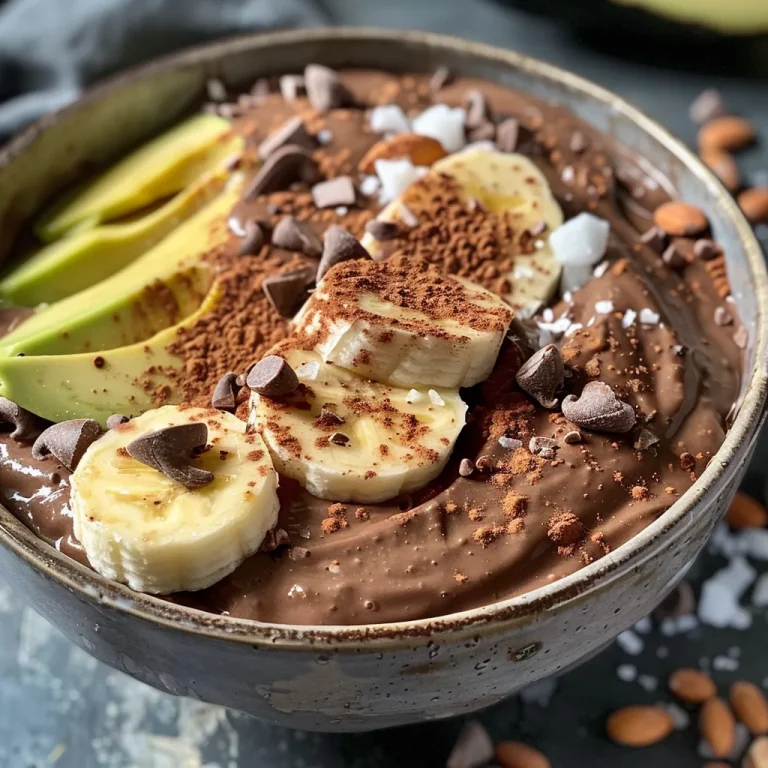 A creamy chocolate avocado dessert in a bowl, with a slice of banana on top.
