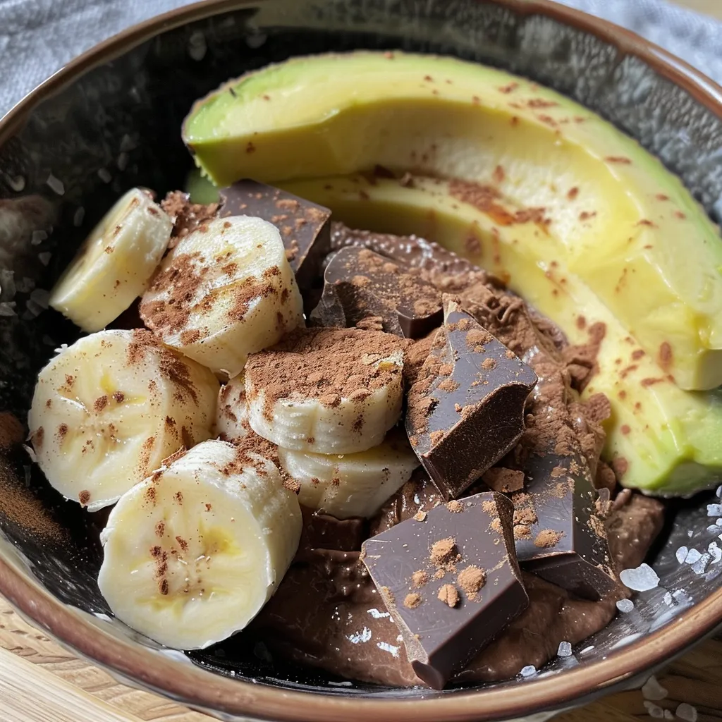 Close-up of a chocolate avocado mixture, showcasing its smooth texture and rich color.