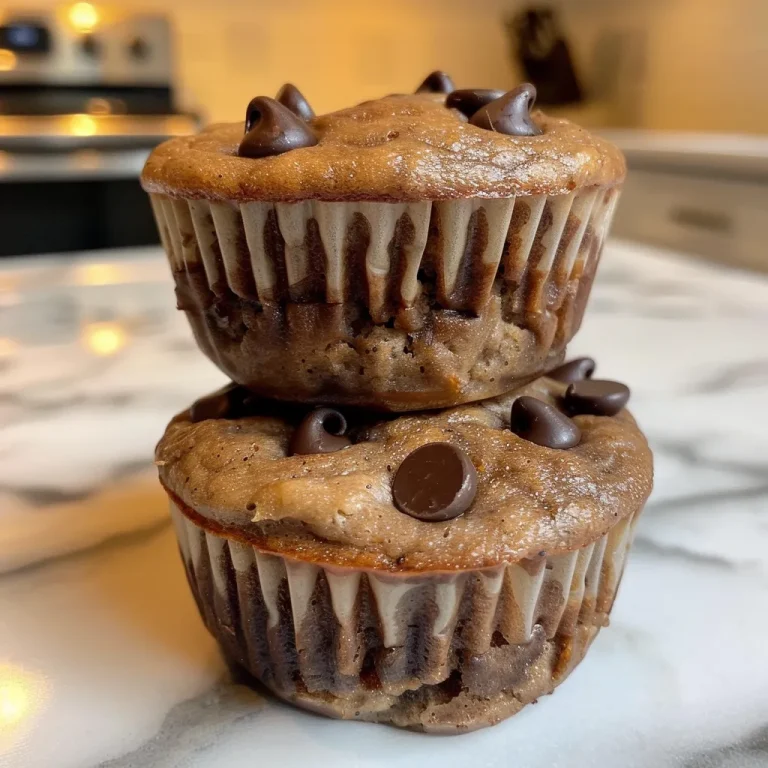 Close-up view of moist chocolate chip banana protein muffins with chocolate chips visible.