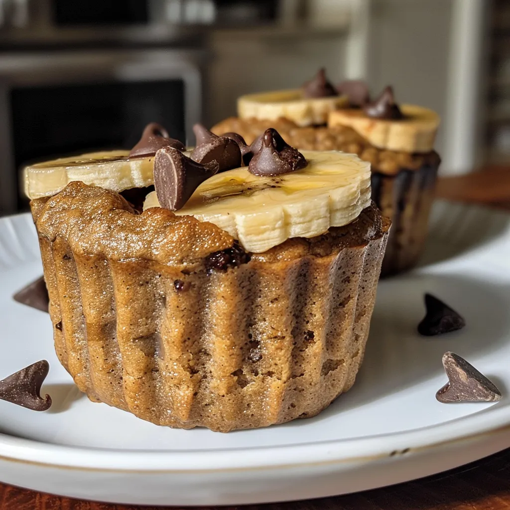 Side view of freshly baked chocolate chip banana protein muffins showcasing their texture and ingredients.