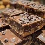 Close-up view of shiny chocolate peanut butter fudge in a square piece.