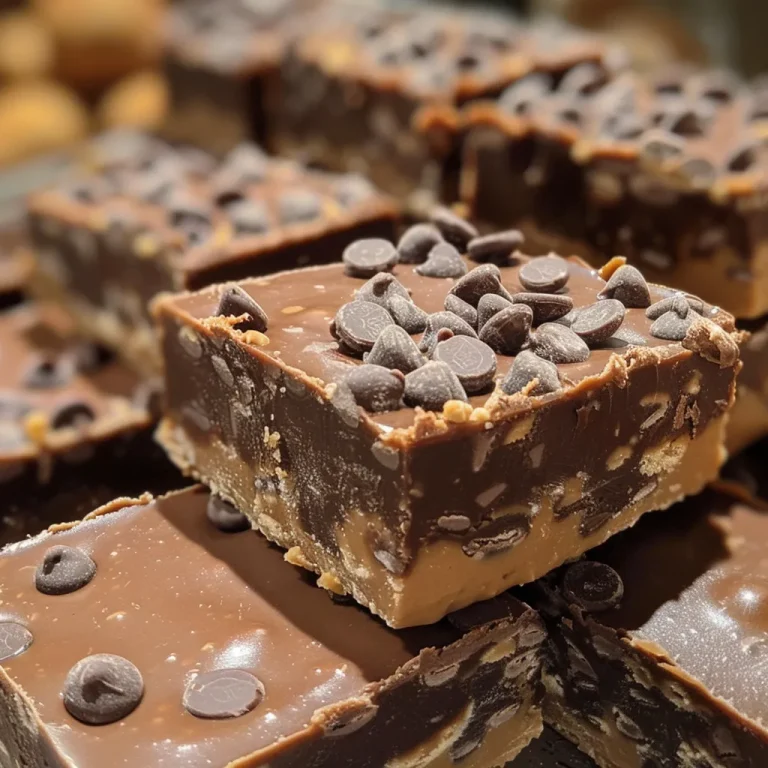 Close-up view of shiny chocolate peanut butter fudge in a square piece.