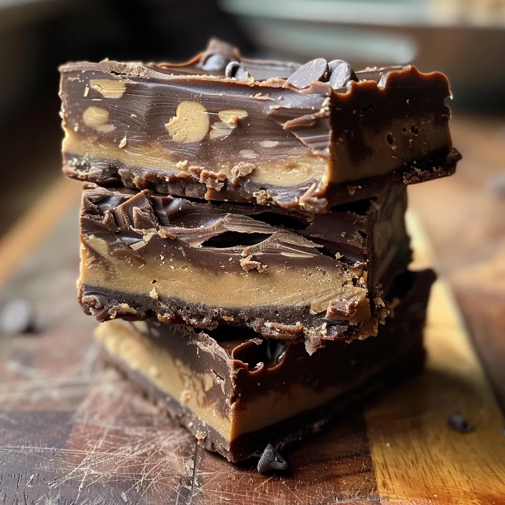 Side view of chocolate peanut butter fudge displaying a thick texture and glossy surface.