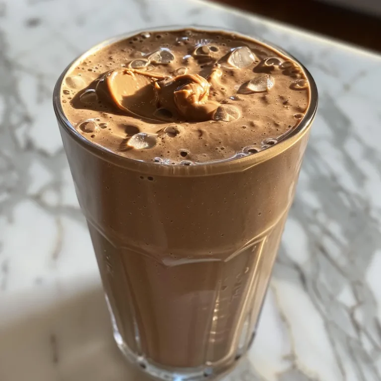 Close-up side view of a Chocolate Peanut Butter Muscle Builder smoothie in a glass.