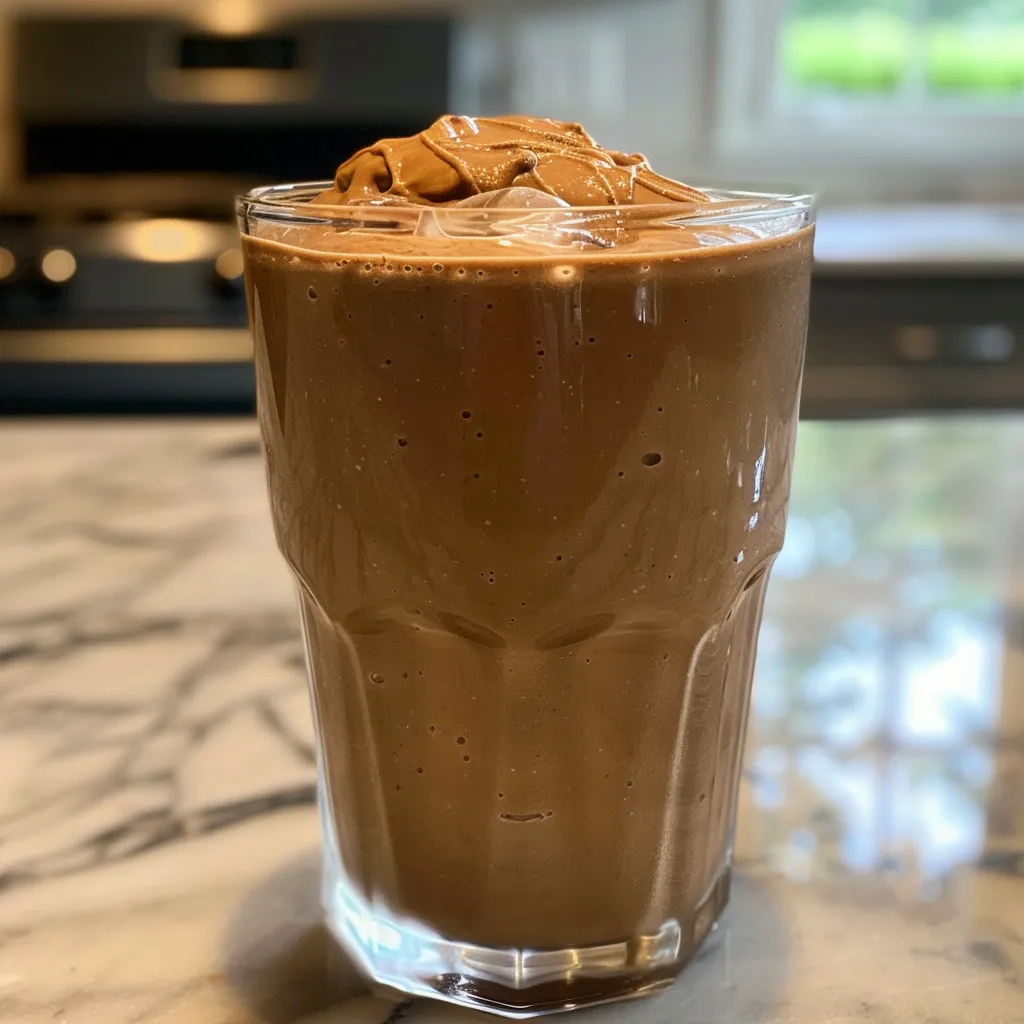 Delicious chocolate peanut butter smoothie with a creamy texture, served in a clear cup.