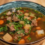 Close-up view of a steaming bowl of Christmas beef soup.