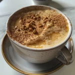Close-up view of a fudgy cinnamon protein mug cake topped with a dollop of cream cheese.