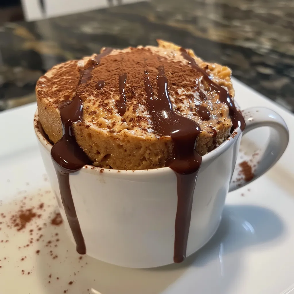 Side view of a healthy cinnamon protein mug cake in a white mug, showcasing its texture.