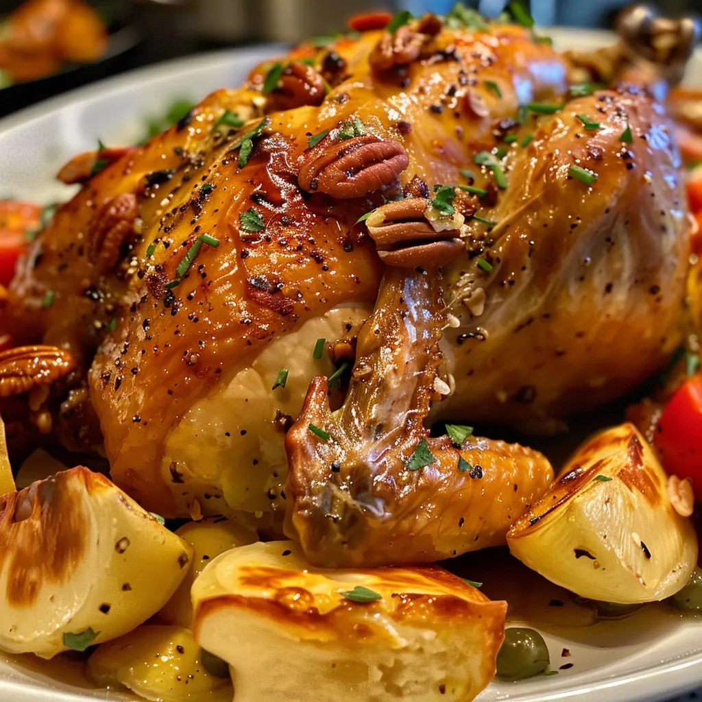A close-up view of festive dishes featuring stuffed Cornish hens, Korean chicken stir fry, and vibrant salads.