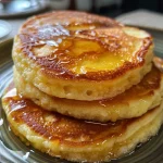 Close-up of golden brown cottage cheese hot cakes stacked on a plate.