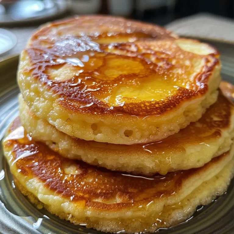 Close-up of golden brown cottage cheese hot cakes stacked on a plate.