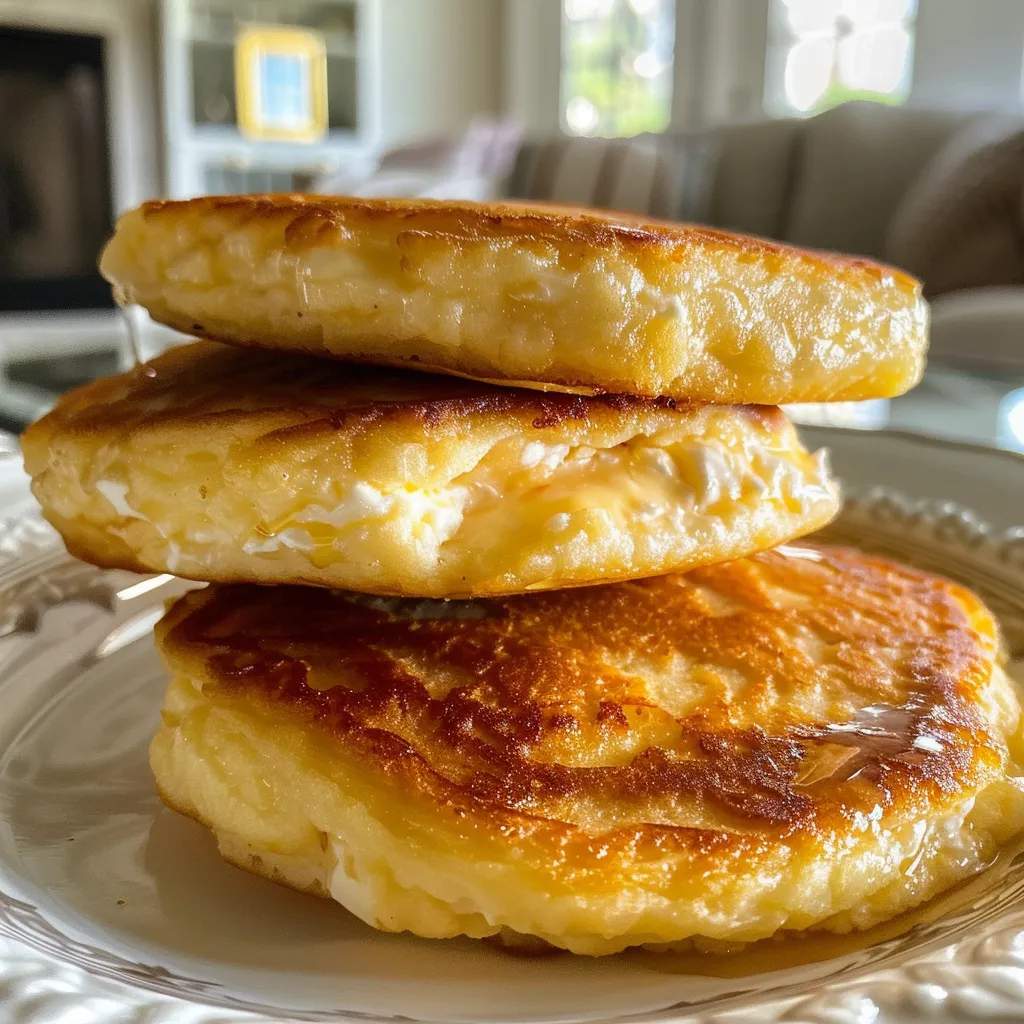 Side view of fluffy cottage cheese hot cakes, showcasing their texture and color.