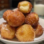 Close-up of golden brown air fryer donut holes on a plate.