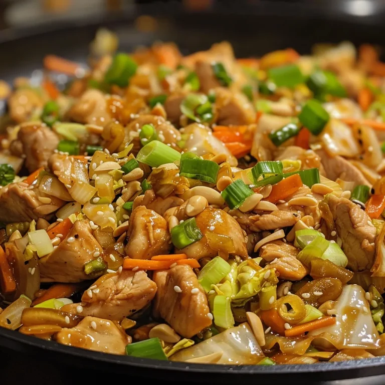 Close-up view of a chicken and cabbage stir fry with vibrant vegetables.