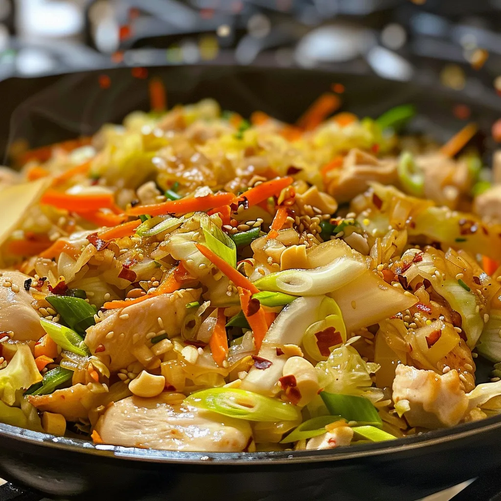 Side angle photo of a colorful Easy Chicken & Cabbage Stir Fry in a bowl.
