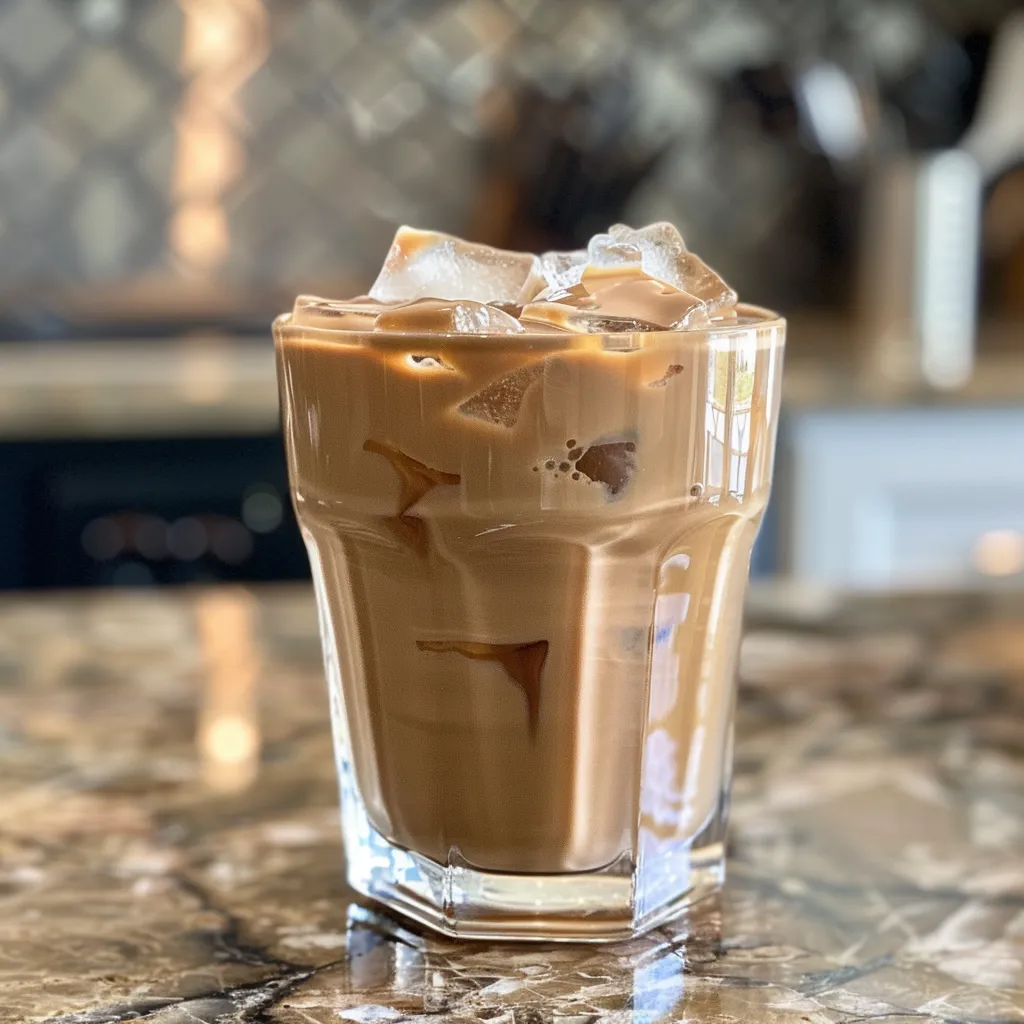 A refreshing glass of iced coffee with visible layers, set against a blurred background.