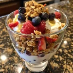 Close-up view of a Greek yogurt parfait layered with fresh berries and granola.