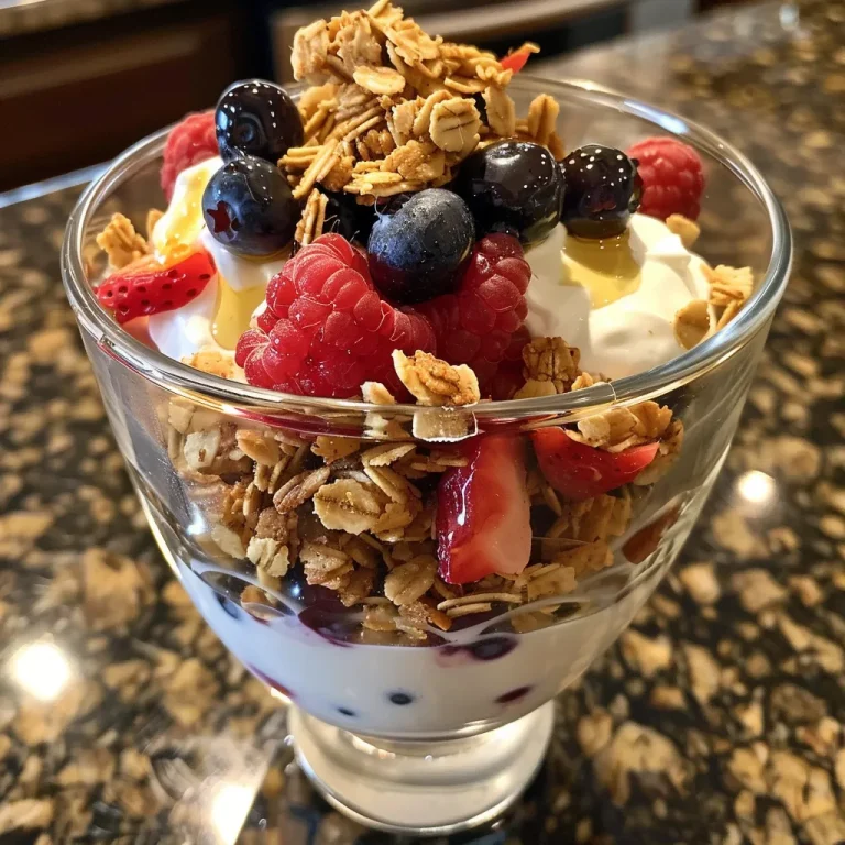Close-up view of a Greek yogurt parfait layered with fresh berries and granola.