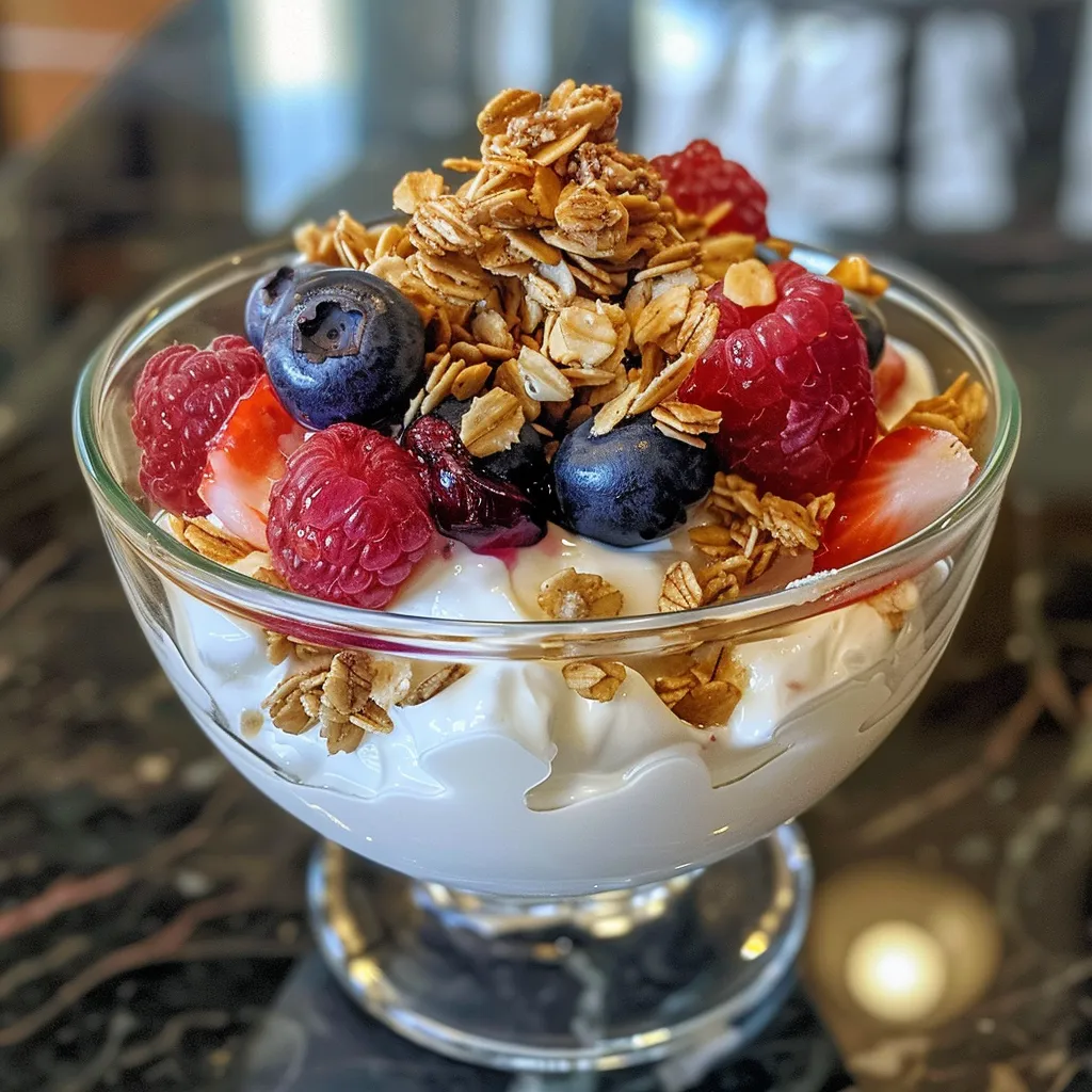 Side view of a delicious Greek yogurt parfait featuring strawberries, blueberries, and raspberries.