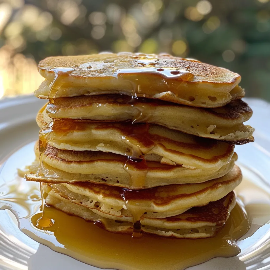 Close-up side view of fluffy Greek yogurt protein pancakes stacked on a plate.