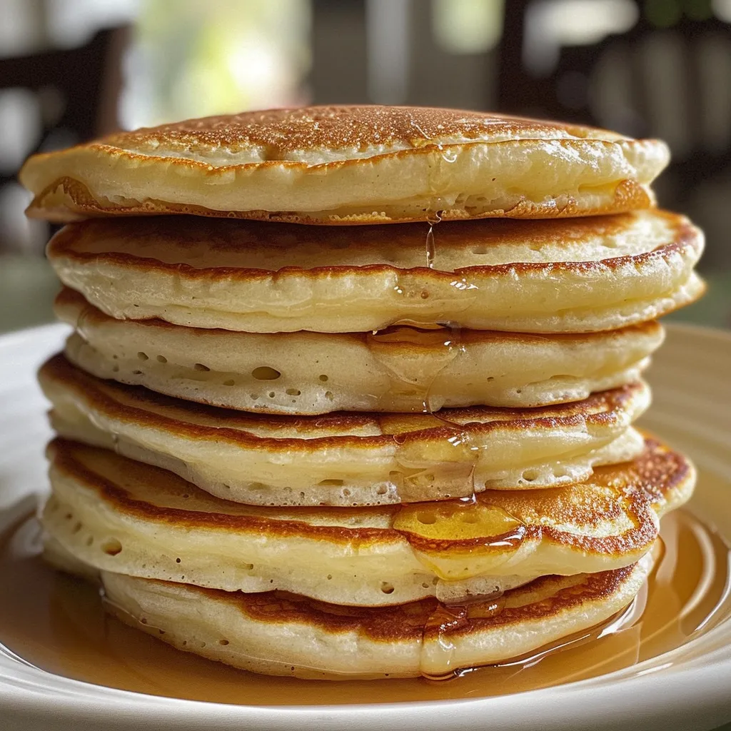 Delicious Greek yogurt pancakes topped with syrup and served on a wooden table.